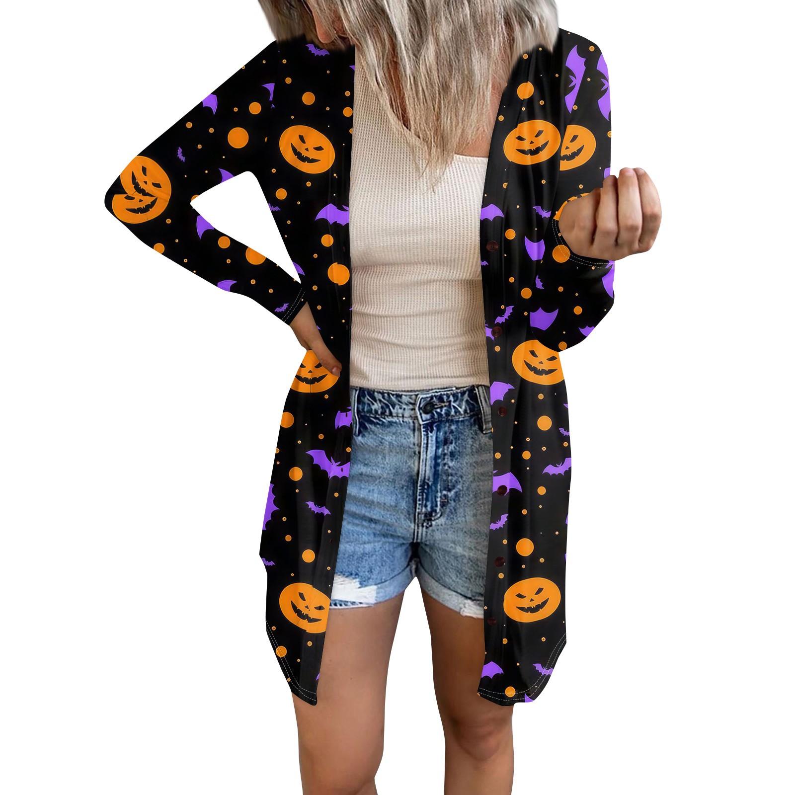 

Женская повседневная модная удобная свободная куртка-кардиган с длинным рукавом и принтом на Хэллоуин M оранжевый