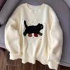 Cat Knitted Women's Sweater Round Neck Jacquard Long Sleeved Pullover Spring Autumn Korean Style New Couple's Casual Top