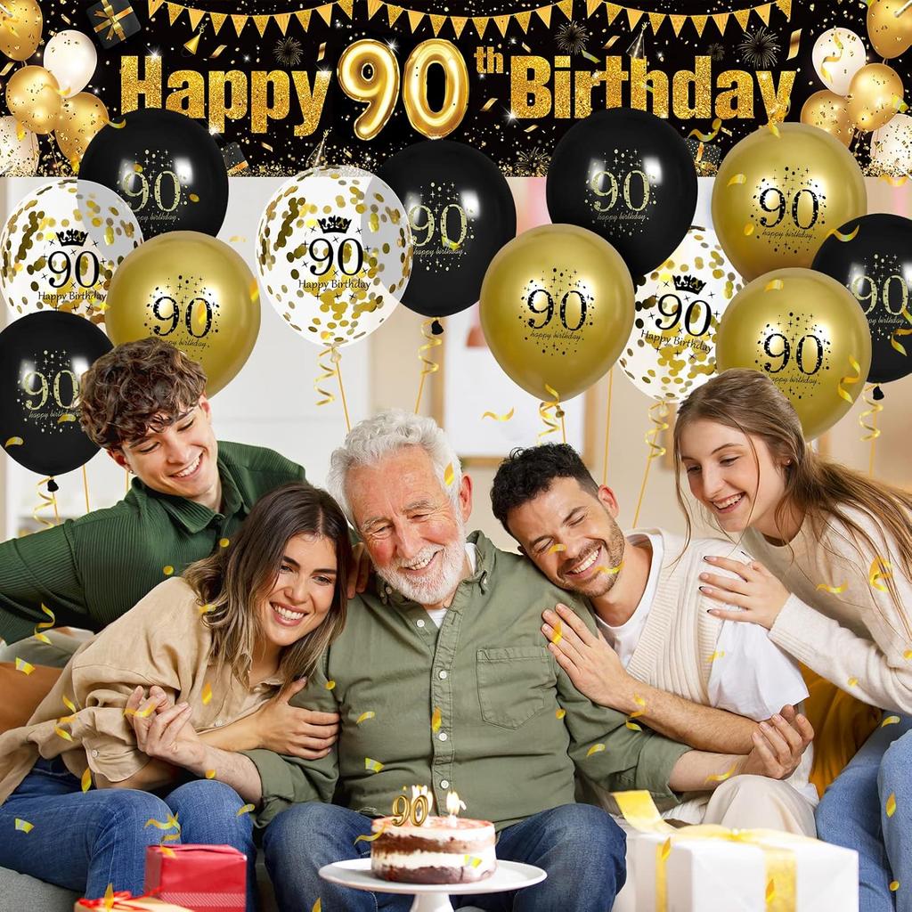 Black Gold 90th Birthday Decorations for Men Women Happy 90th Birthday Yard Banner Sign Decor and 18 PCS Latex Balloons for 90 Year Old Anniversary