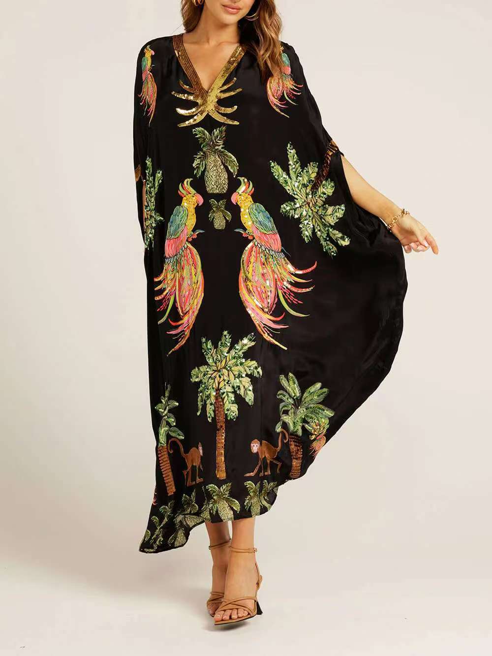 2025 Amazon cross-border women s clothing European and American cross-border new spring v-neck printed loose fashion dress One size fits all чёрный