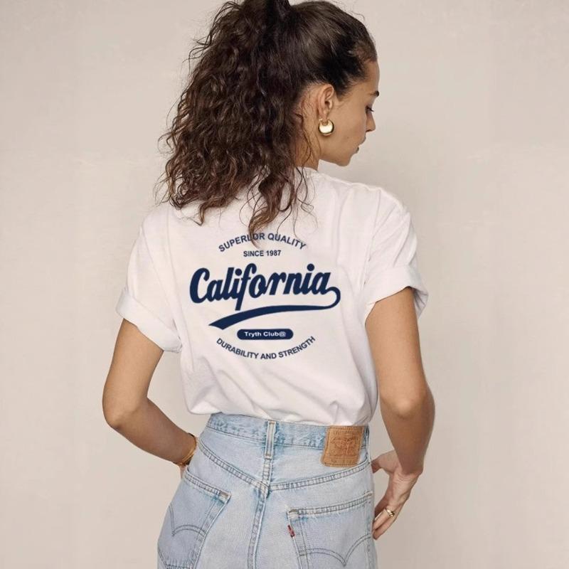 

Summer New Round Neck Simple Printing Pullover Cotton T-shirt Women Short Sleeve Loose Casual Tee Female Top M белый