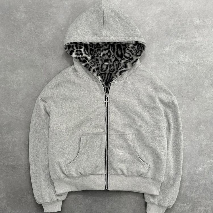 VAYLA Nuevo Sudadera con Capucha de Doble Cara para Ropa Harajuku Retro Estampado de Leopardo Moda Holgada con Cremallera Hombre Street Hip-hop Casual