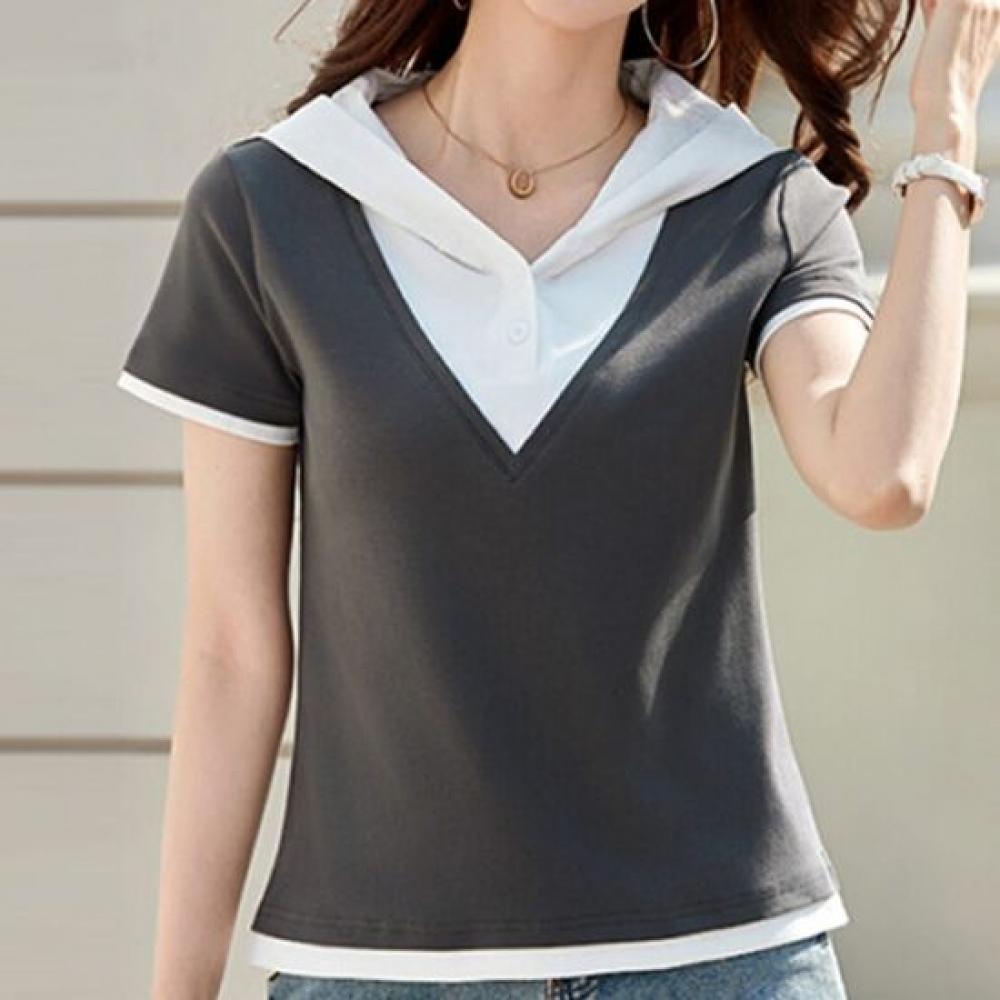 Navava Women S caSual Color Blocked Hooded ShorT Sleeve T ShirT nT3336
