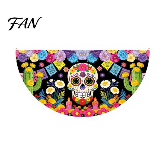 Reusable Party Entrance Sign Day of The Dead Skull Bunting Banner, Marigold Print Fiesta Unique Fan Shaped Banner Hanging Flag, Colorful Sugar Outdoor