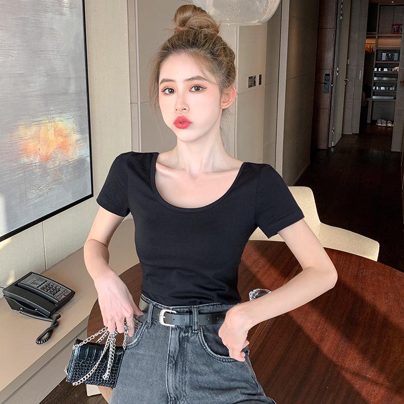 Women's 2025 High-Quality Cotton U-Neck Backless Slim-Fit Short Sleeve T-Shirt