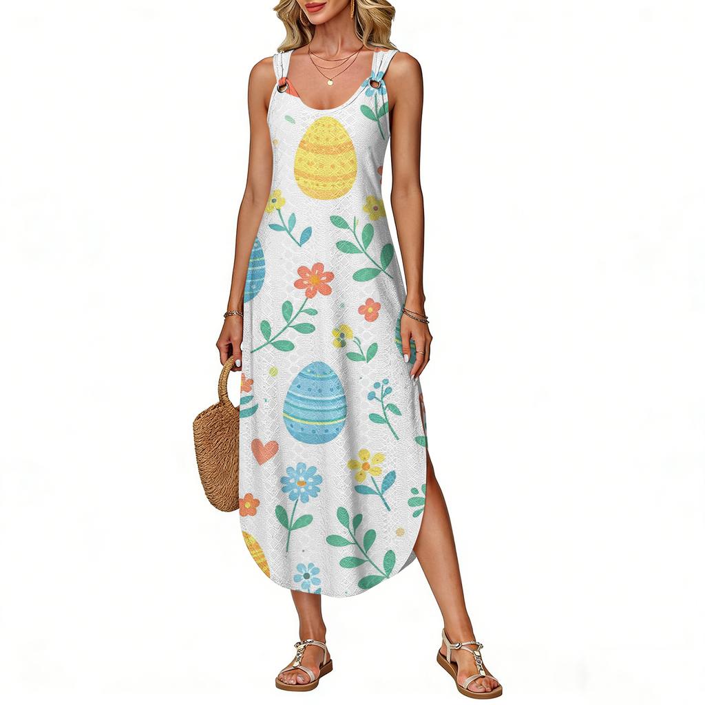 Women's Summer Long Dress, Sleeveless With Side Slit, Long Easter Printed Vest Dress