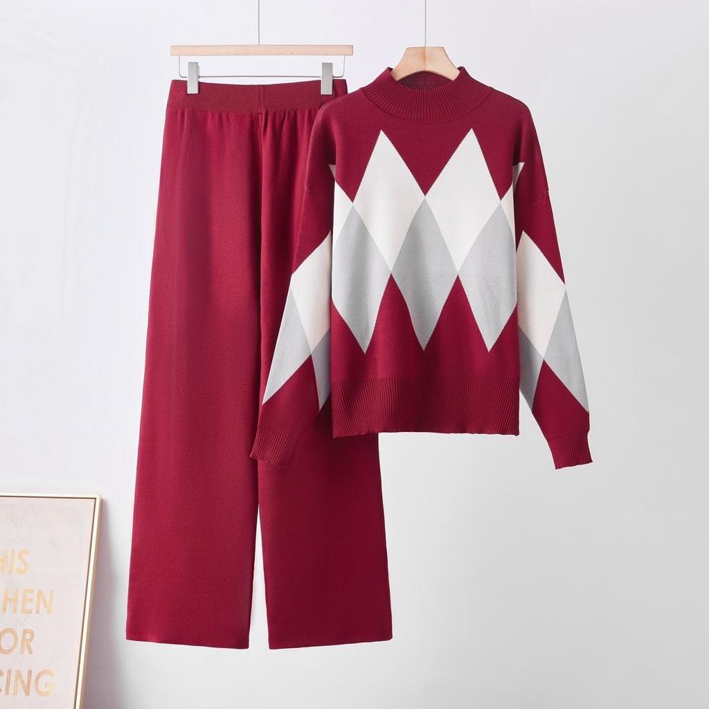 European and American fashion suit autumn and winter new loose round neck versatile sweater + casual wide-leg pants two-piece set for women