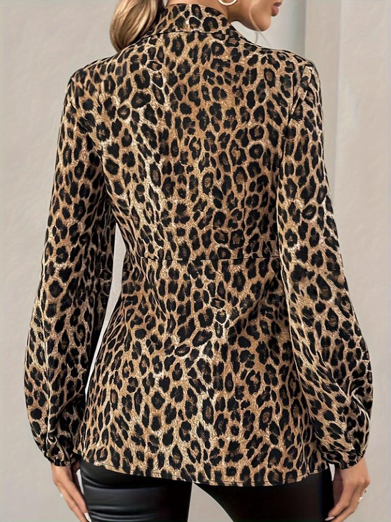 Camicetta da Donna con Stampa Leopardo Scollo a V Manica Lunga Nodo Frontale Camicia Casual da Ufficio Top Elegante alla Moda