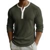 Men's Solid Color Ribbed Textured Button Down Round Neck Long Sleeved Top