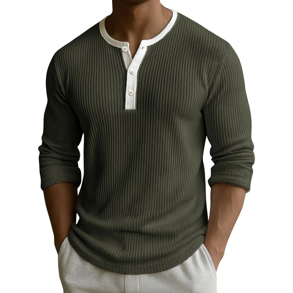 Men's Solid Color Ribbed Textured Button Down Round Neck Long Sleeved Top