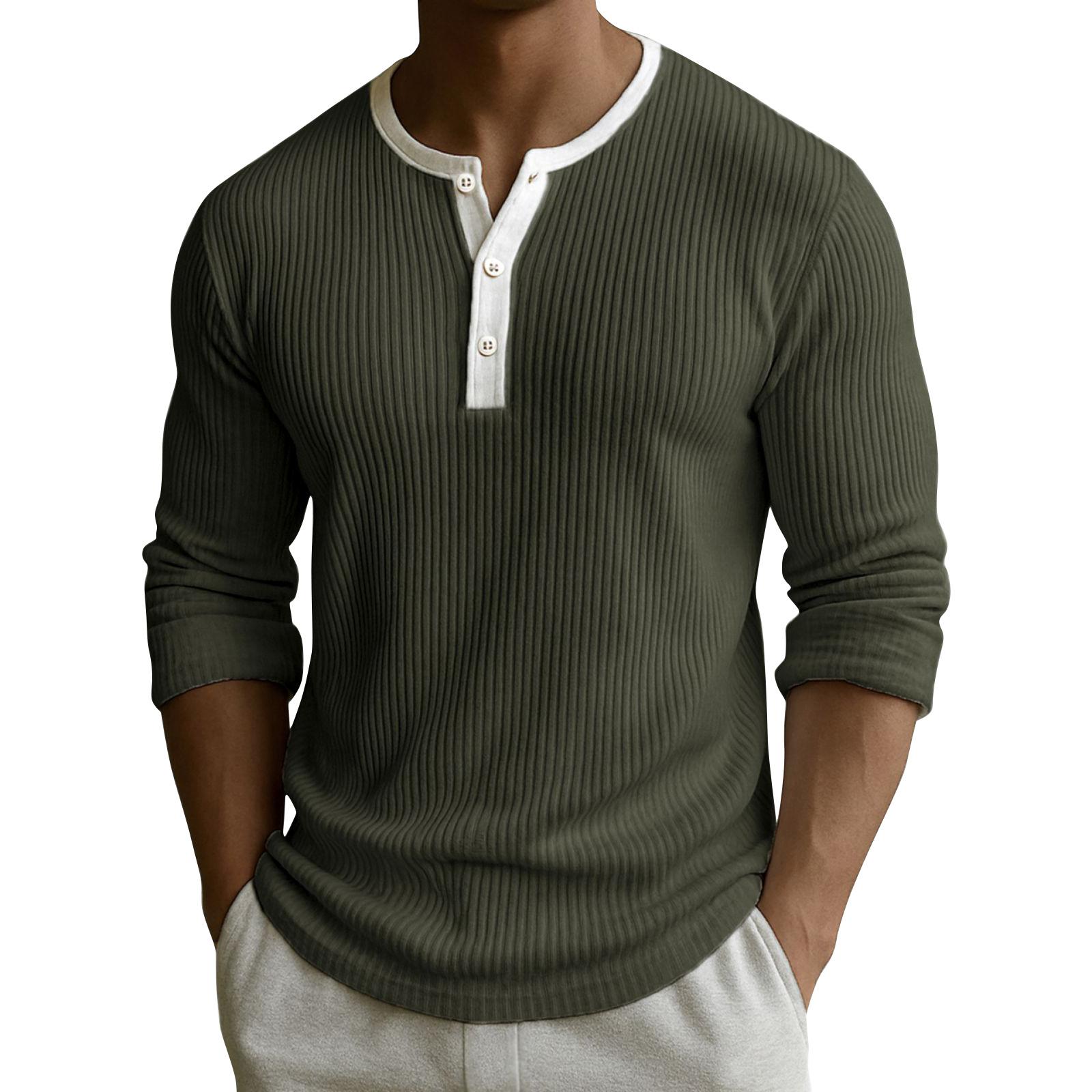 

Men s Solid Color Ribbed Textured Button Down Round Neck Long Sleeved Top XXXL