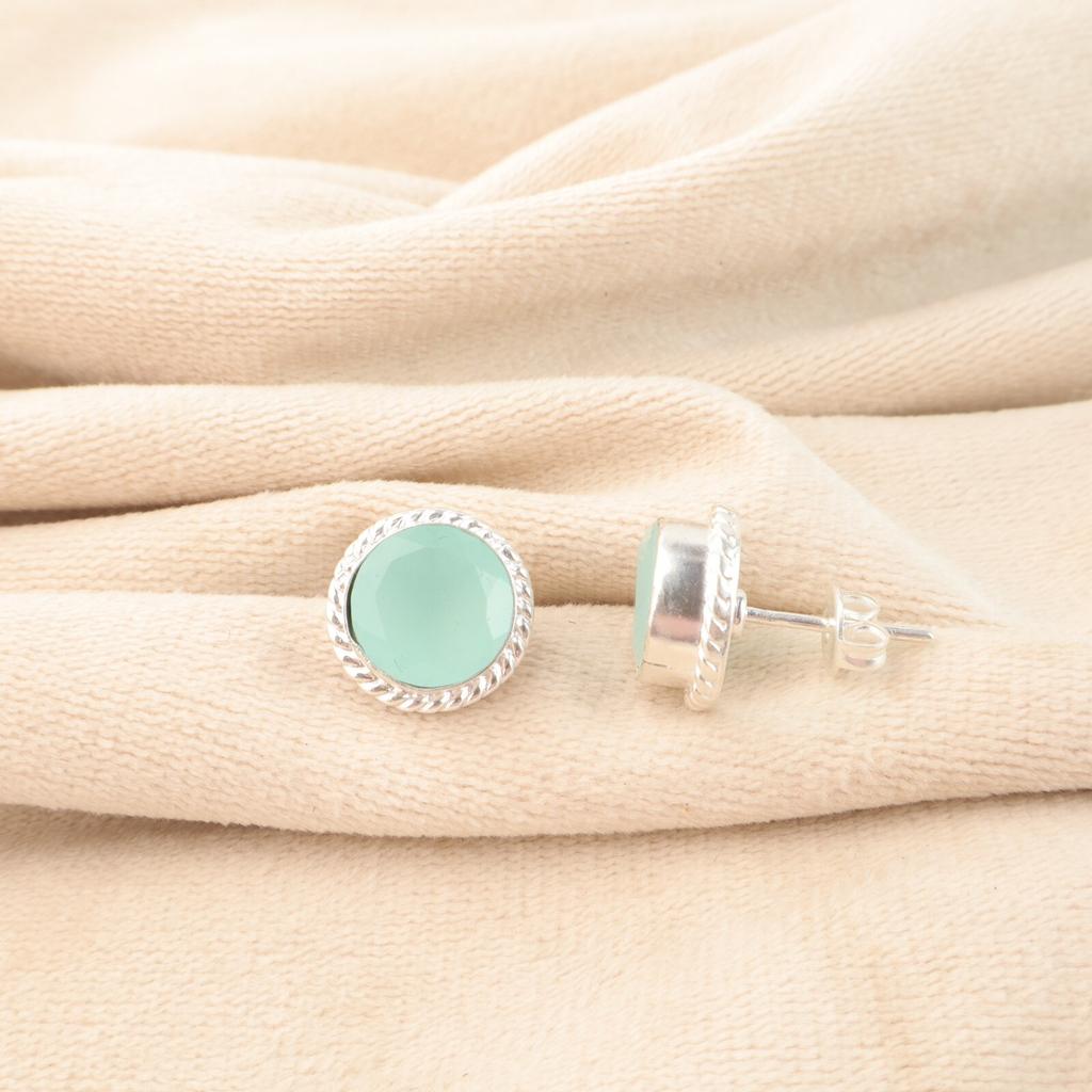 Aqua Chalcedony Gemstone 925 Solid Silver Jewelry Handmade Partywear Studs 0.53" EE-147-13