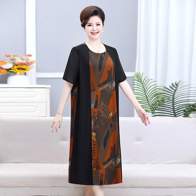 Dikke moeder plus dikke plus size zomer korte mouw buitenlandse stijl nep tweedelig splicing chiffon jurk naar de leeftijd van high-end