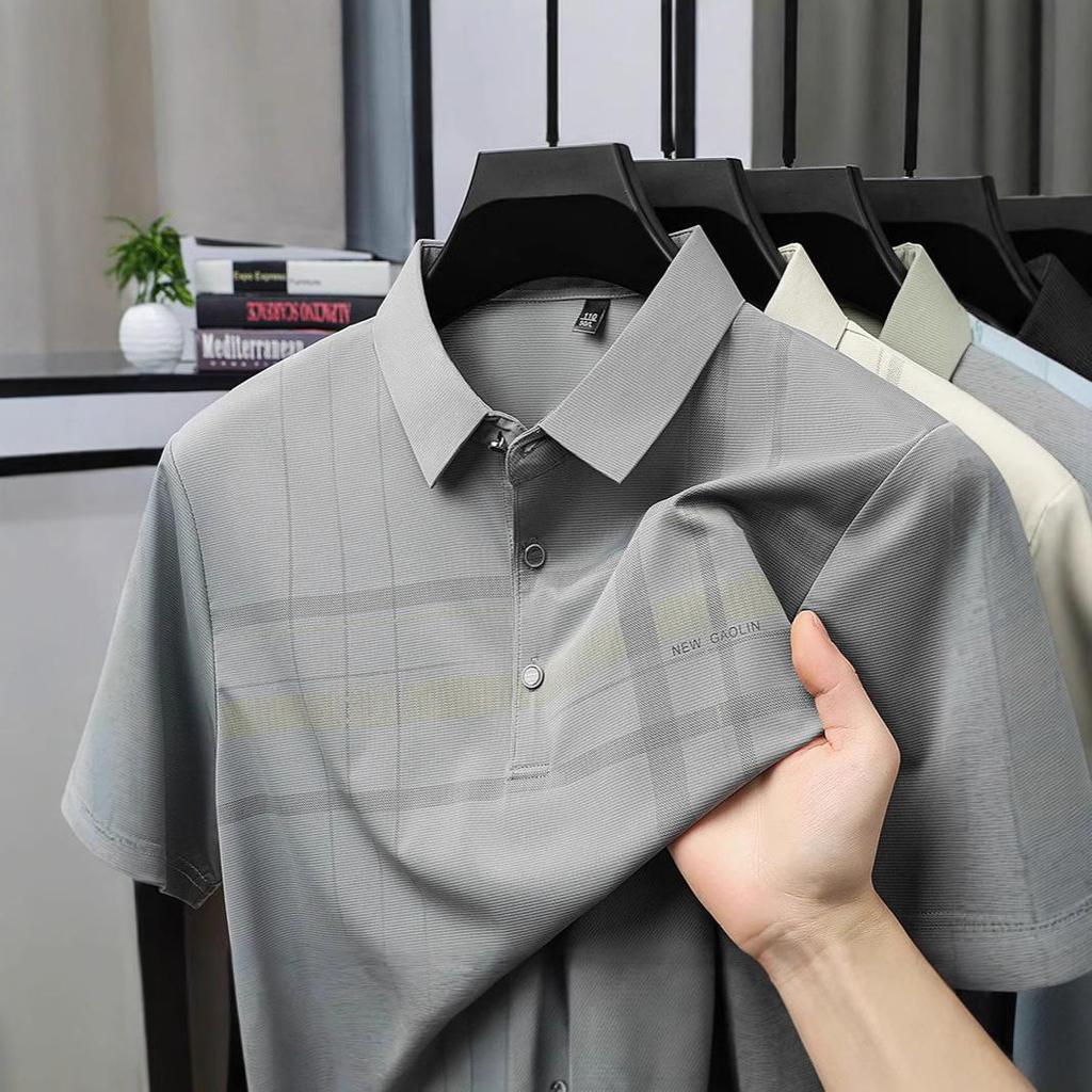 Summer Ice Silk Short Sleeved T-shirt Middle-aged Men's Lapel Top Base Shirt