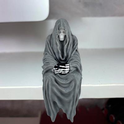 Grim Reaper Statue Halloween Long Robe Sitting Skeleton Figurine Gothic Tabletop Ornament for Home Garden Desktop Bookshelf Decor