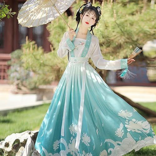 [Housaku Co., Ltd.] Ancient Hanfu Classical Beauty Elegant Chinese Court Costume Cosplay Set Tang Suit Haori Long Skirt Set (Green and Blue, L)