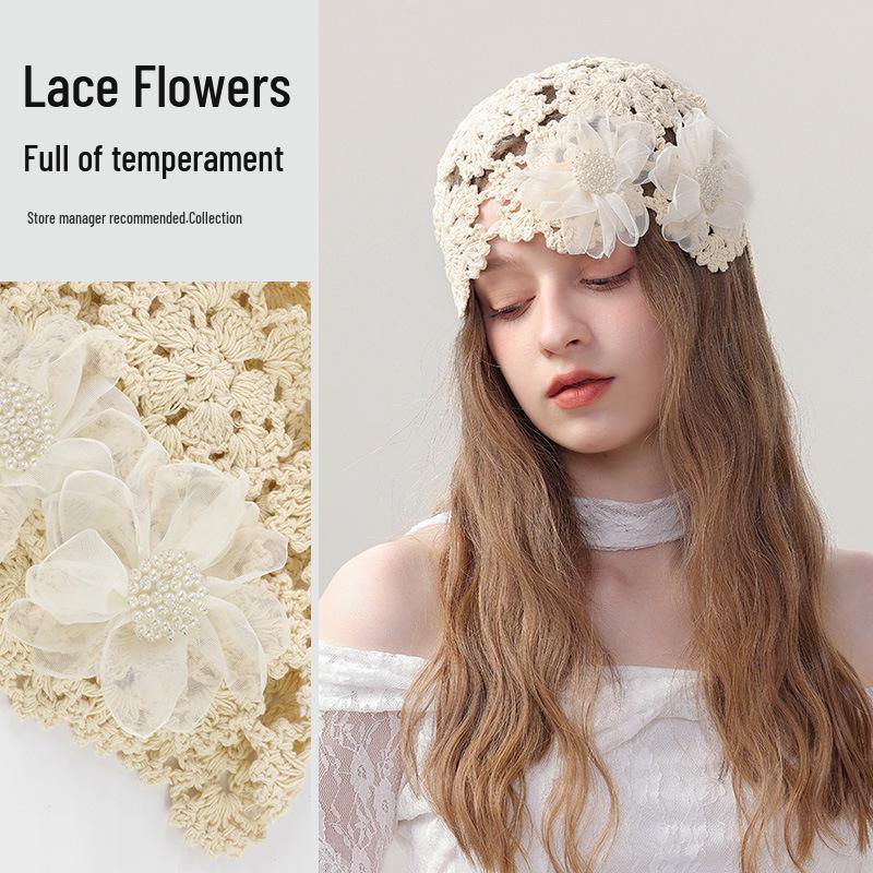 

Women s Handmade Crocheted Beanie - Lace Flower Design, Lightweight Wool for Spring & Autumn One Size (55-58cm)