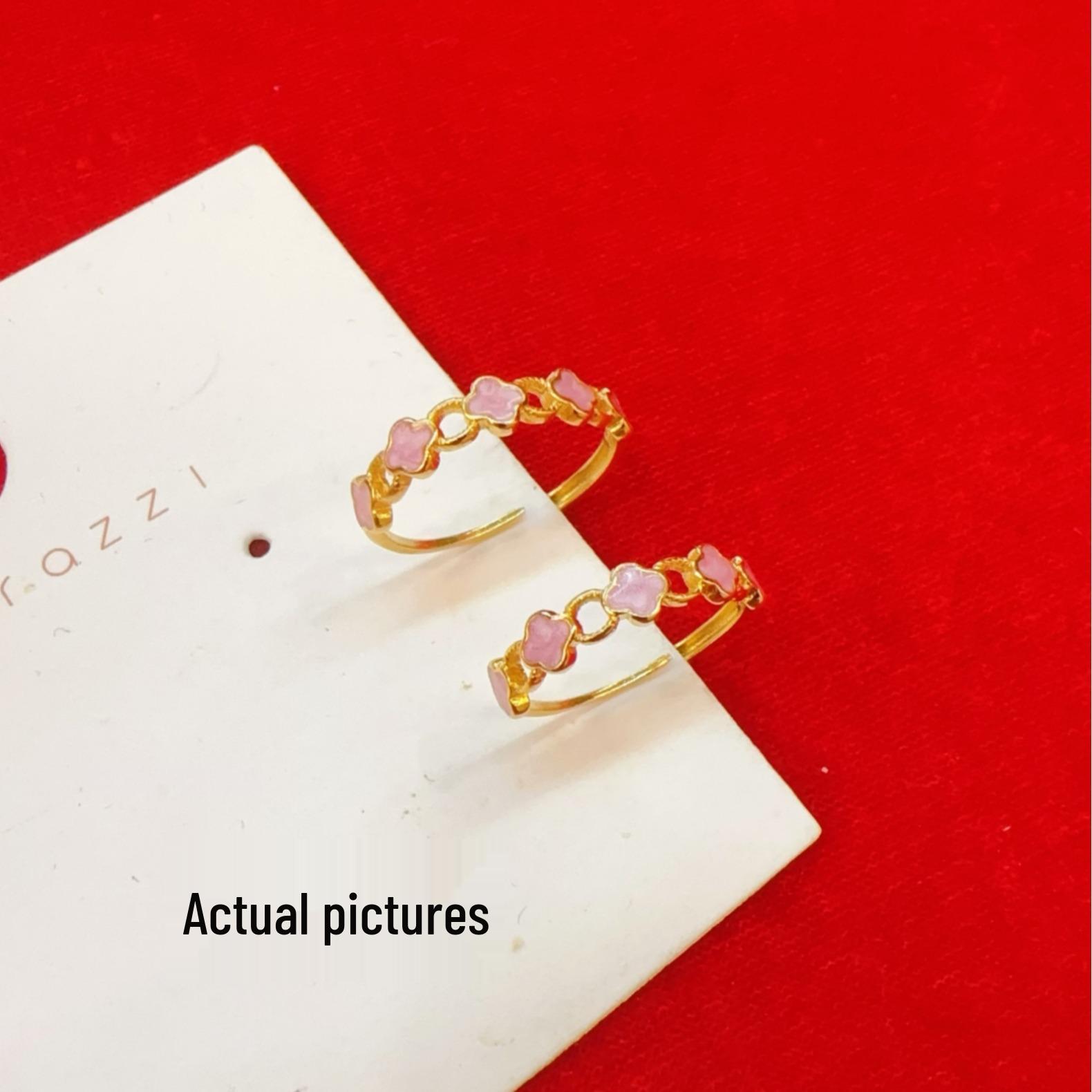 Gold Enamel Four-Leaf Clover Open Ring - Lucky, Fashionable Gift for Best Friend Adjustable Open Size