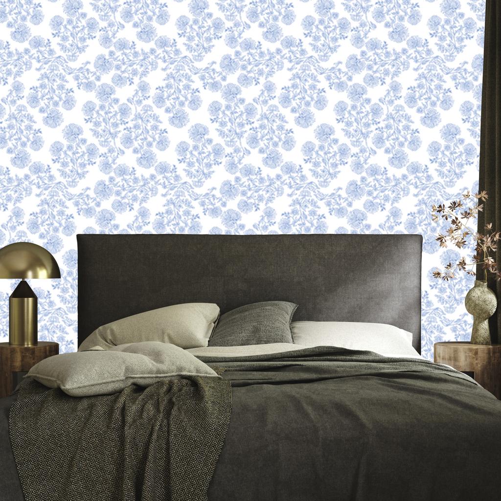 Wallpaper Flowers White and Azure, White Background for Living Room and Bedroom 50x1000
