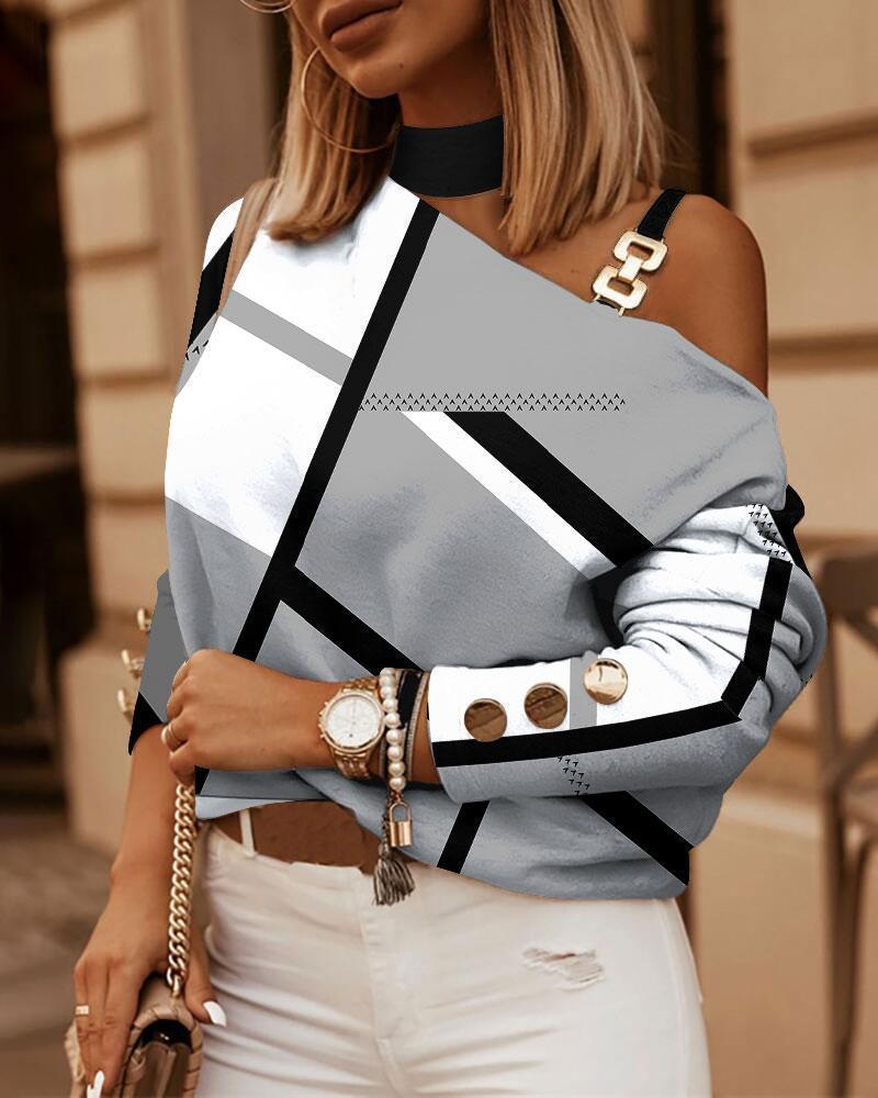 2023 Autumn/Winter Long Sleeve Chain Halter Print Button-Decorated Top for Women
