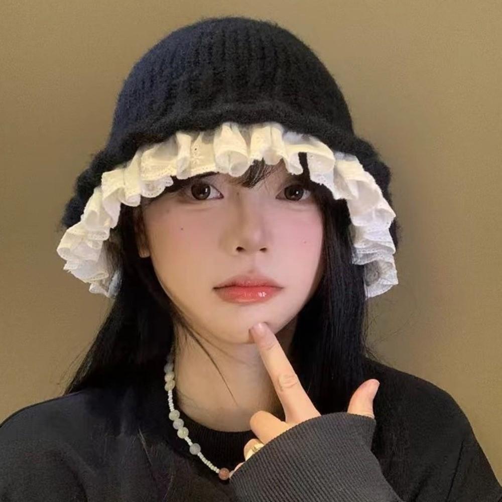 Lace Trim Women Bucket Hat Yarn Beanie Hat Sweet Knitted Fisherman Hat  Outdoor