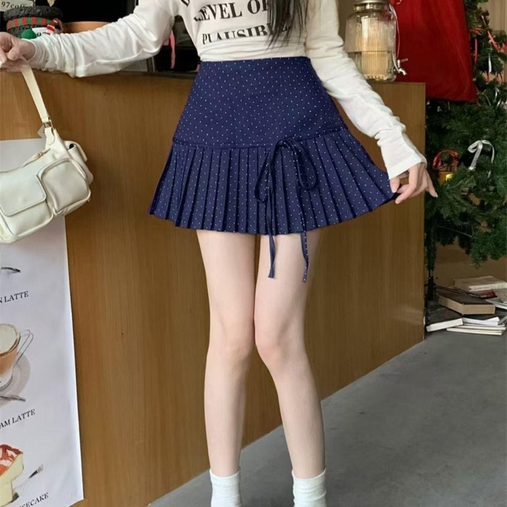 Bowknot Pleated Skirts for Women Sweet A-line Short Skirts Fashion Dot Mini Skirt Party