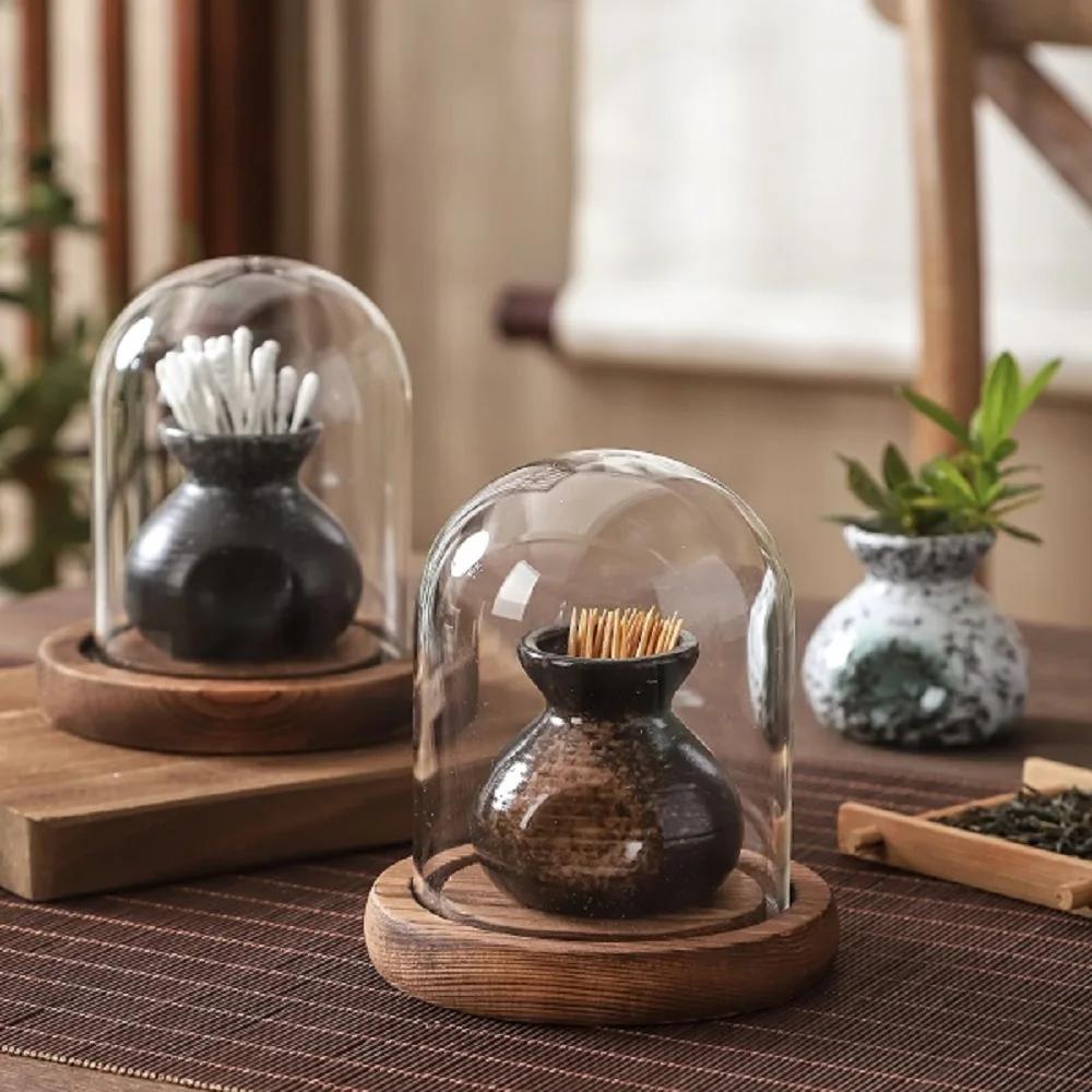 Chinese Ceramic Toothpick Jar Retro Toothpick Tube with Cover Creative Floss Cotton Swab Box Storage Box Set Home Decoration
