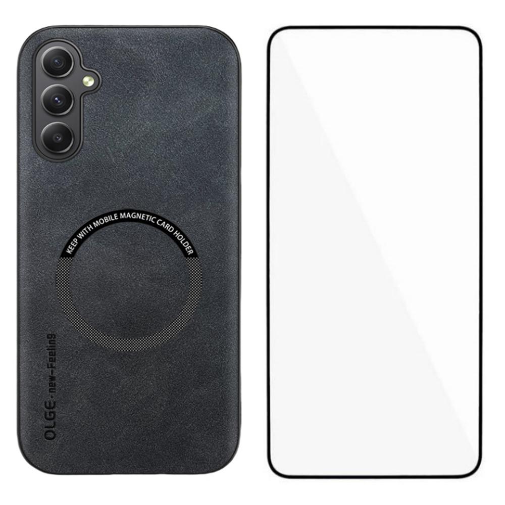 WANLONFENG YBP Series For Samsung Galaxy A35 5G Magnetic Case with Tempered Glass Film PU+TPU Phone Cover Large Cutout