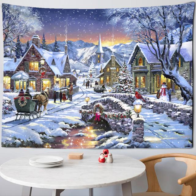 Christmas Snowman Tapestry Illustration Psychedelic Forest Wall Hanging Cute Cartoon Holiday Gift Living Roomdedroom Home Decor