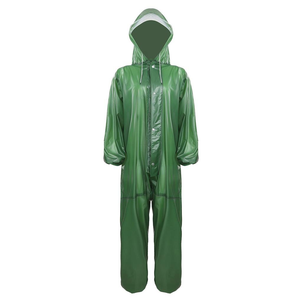 Unisex Full Body Hooded Raincoat Drawstring Hood Front Button Zipper One Piece Waterproof Jumpsuit Workwear