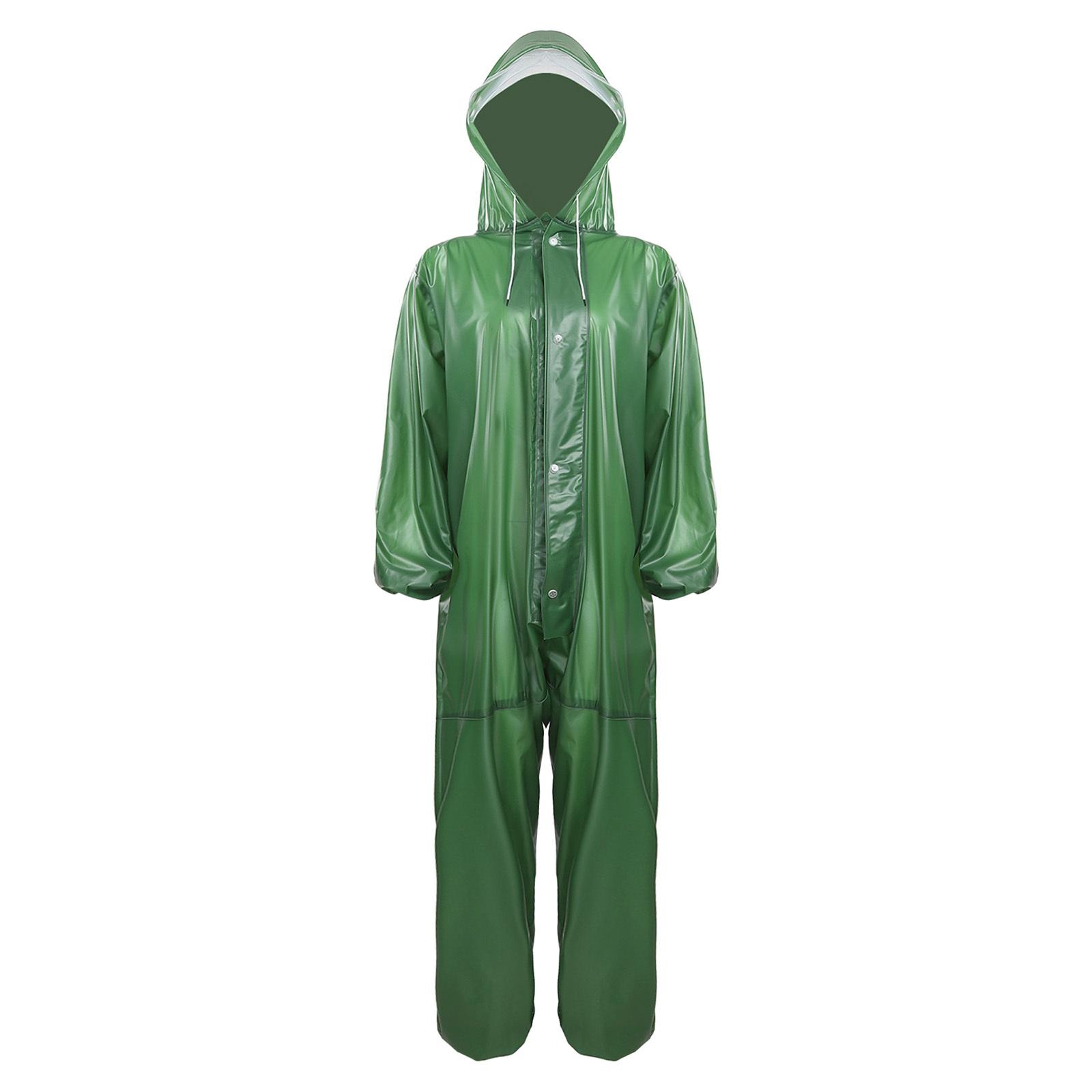 

Unisex Full Body Hooded Raincoat Drawstring Hood Front Button Zipper One Piece Waterproof Jumpsuit Workwear L зелений