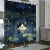 Oil Painting Black And White Cat In Pond With Water Lilies & Fireflies Waterproof Shower Curtain For Bathroom Decor