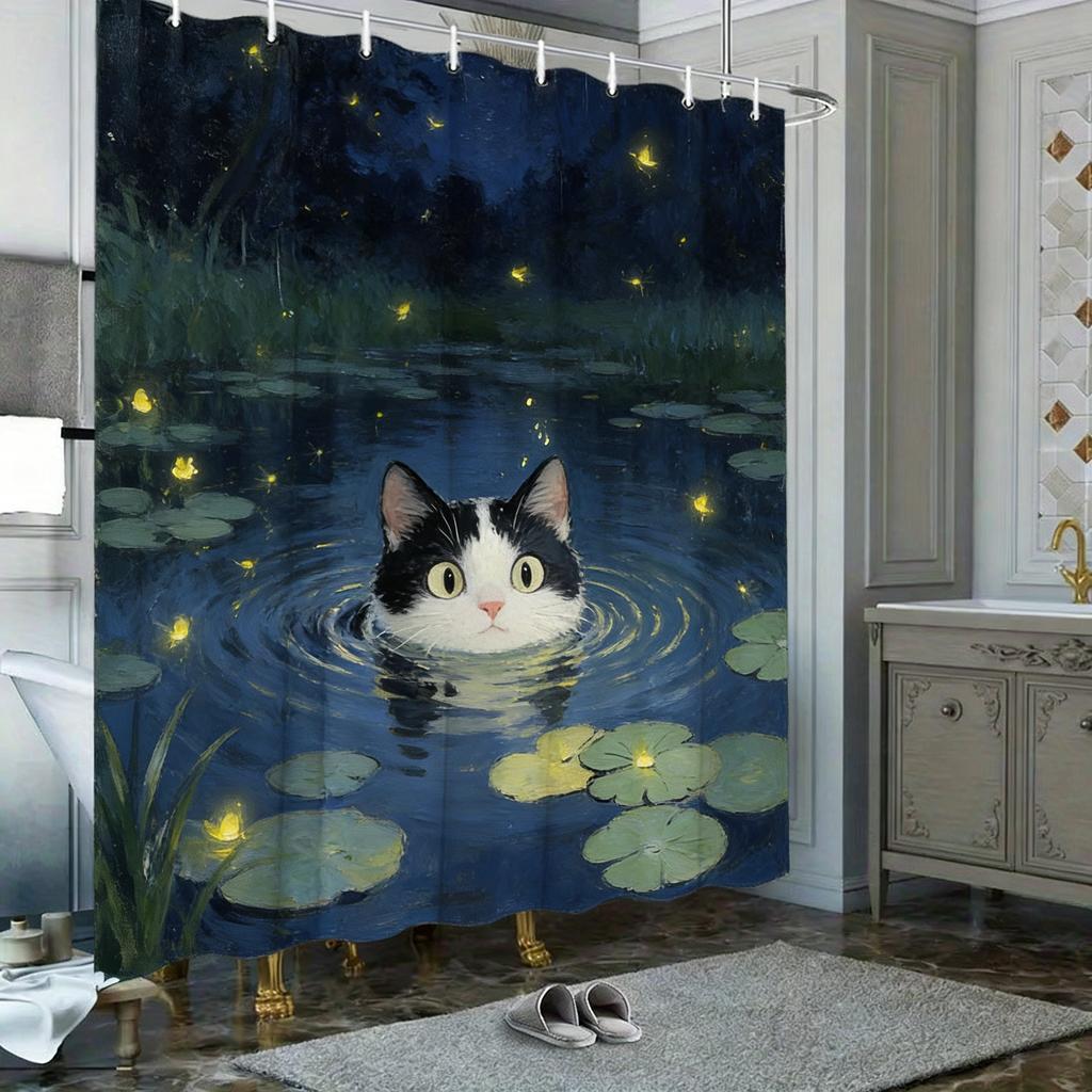 Oil Painting Black And White Cat In Pond With Water Lilies & Fireflies Waterproof Shower Curtain For Bathroom Decor