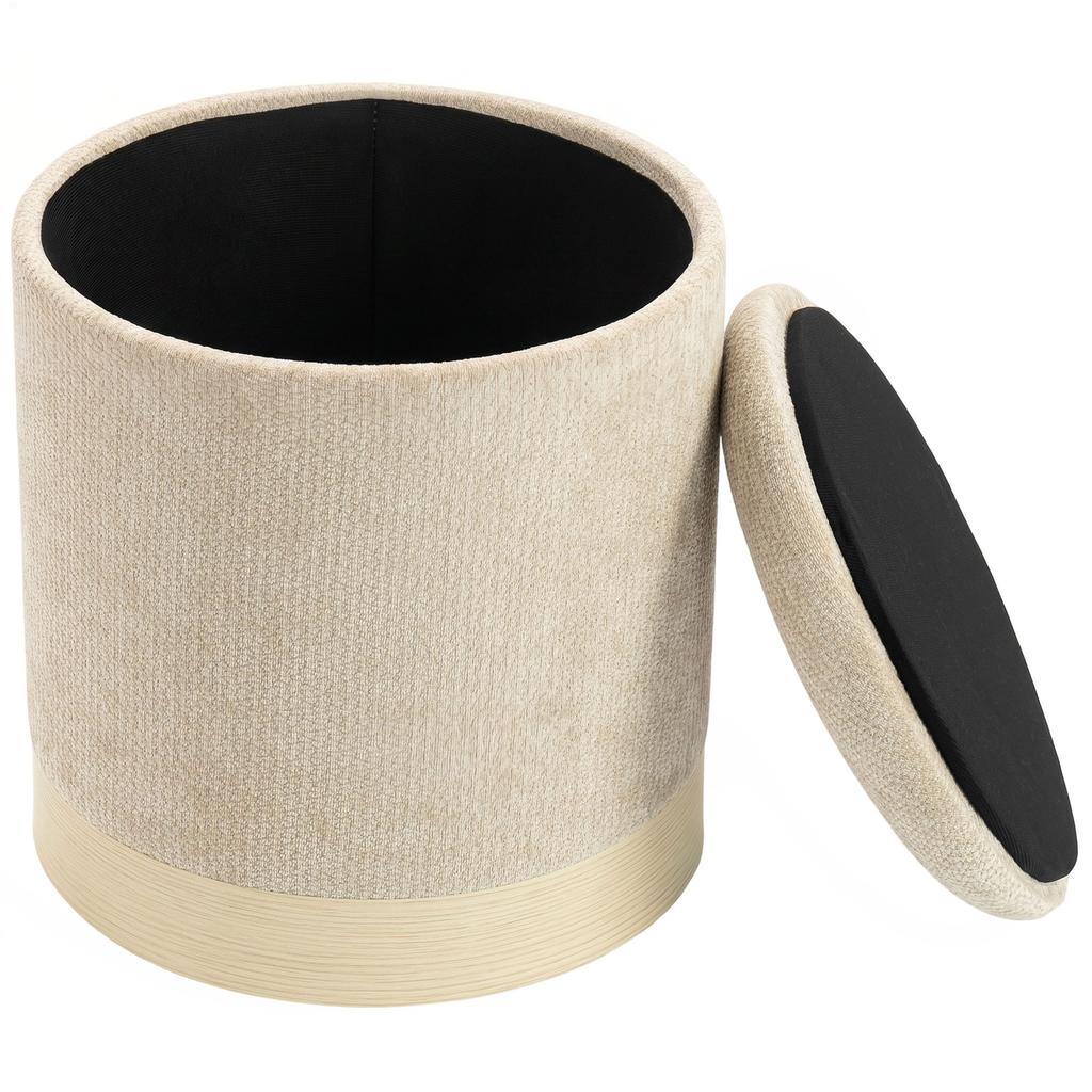 Storage Ottoman, Round Chenille Stool, Wood-Effect Metal Base, Beige