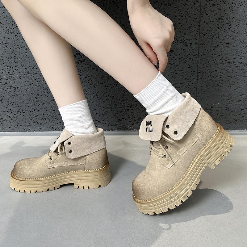 Retro flip-top two-wear Martin boots, women's cattle cashmere thick-soled inner height-increasing women's short boots, outdoor hiking shoes