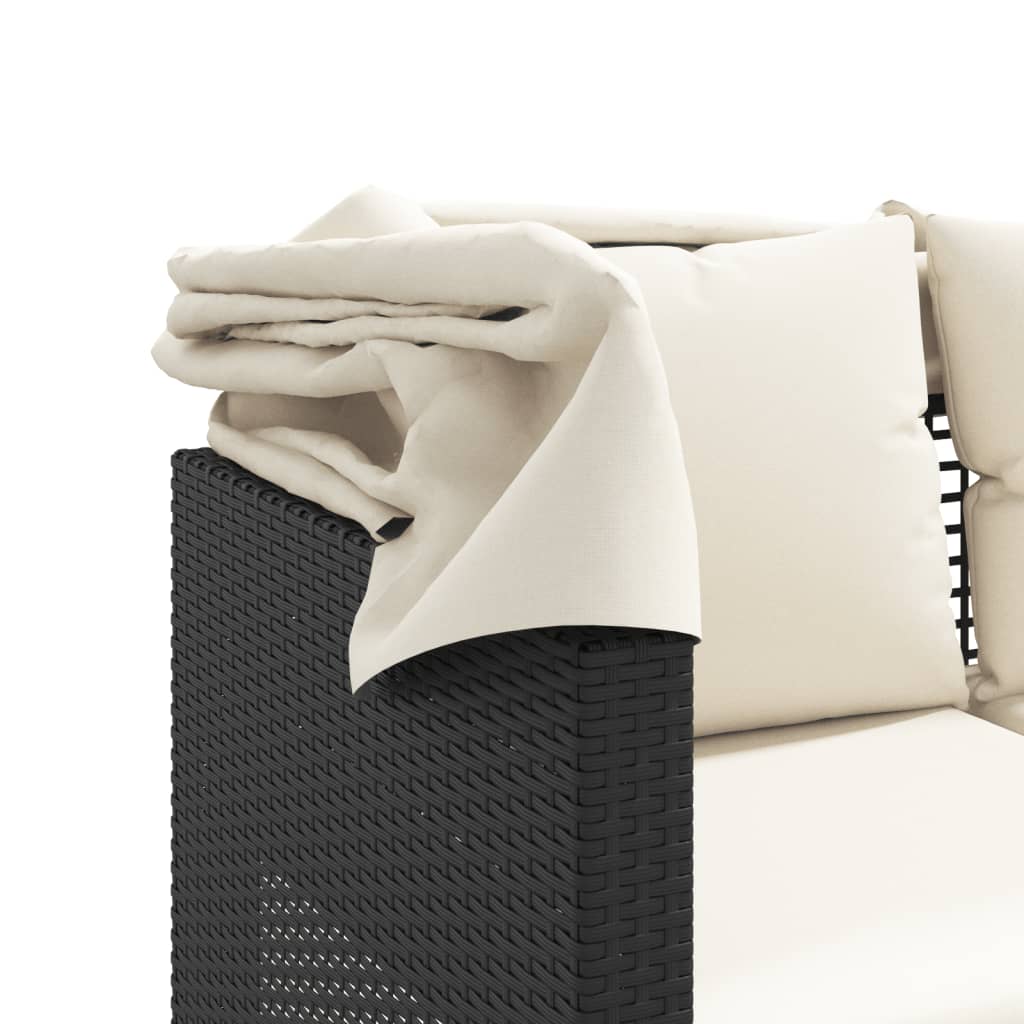 Outdoor 3 Seater Sofa with Canopy and Footstools Black Poly Rattan