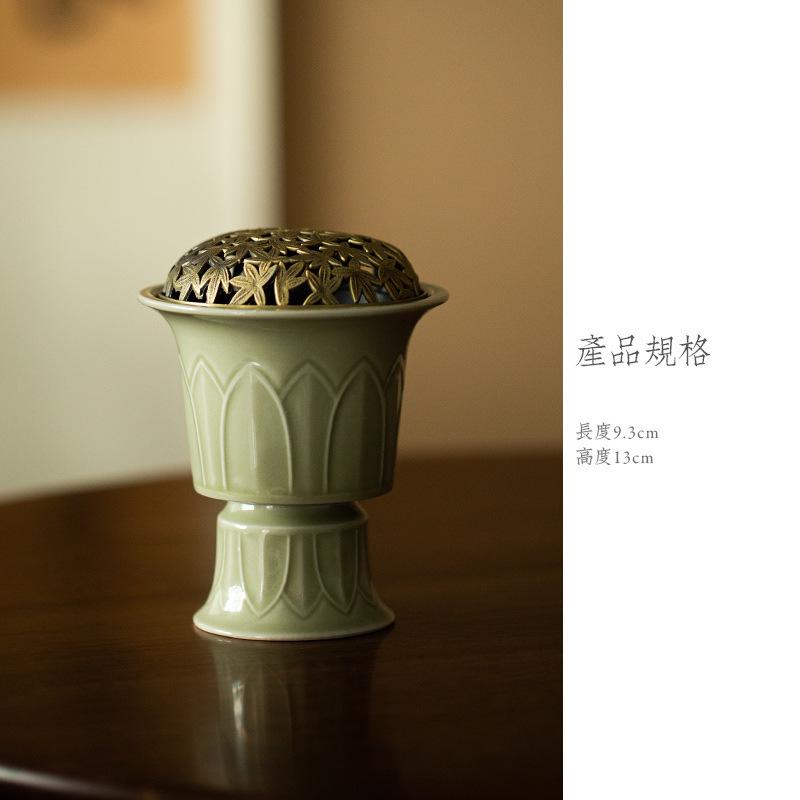 Yue Kiln Celadon High Footed Lotus Incense Holder Water Fountain Decoration Incense Burners Meditation Censer Buddhism Ornaments