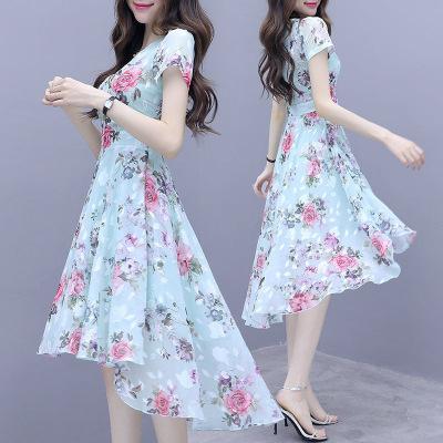 Spot Supply Female Summer New Summer Fairy Mori Irregular Slim-fit Printed Ice Silk Dress