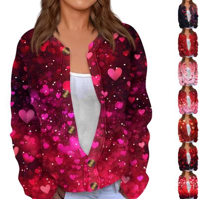 Women's Valentine's Day Print Long Sleeve Knit Cardigan Button Jacket