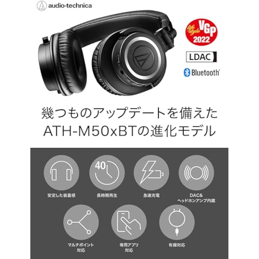 Audio-Technica ATH-M50xBT2 Wireless Headphones DJ Headphones Bluetooth Wired Headphones 45mm Larg...