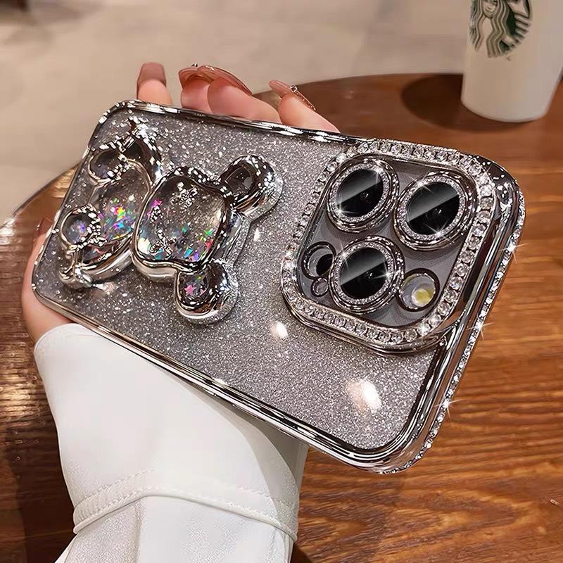Quicksand Violent Bear Applies To Apple 17 Mobile Phone Case Electroplated Rhinestone iPhone16promax Lens Flash Drill Soft Case