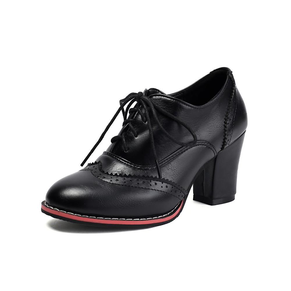 Fashion 2025 Women Pumps Round Toe Thick High Heels Platform Brogue Student Carved Retro Lace-Up Classic Spring Office Lady Lace Up Shoe