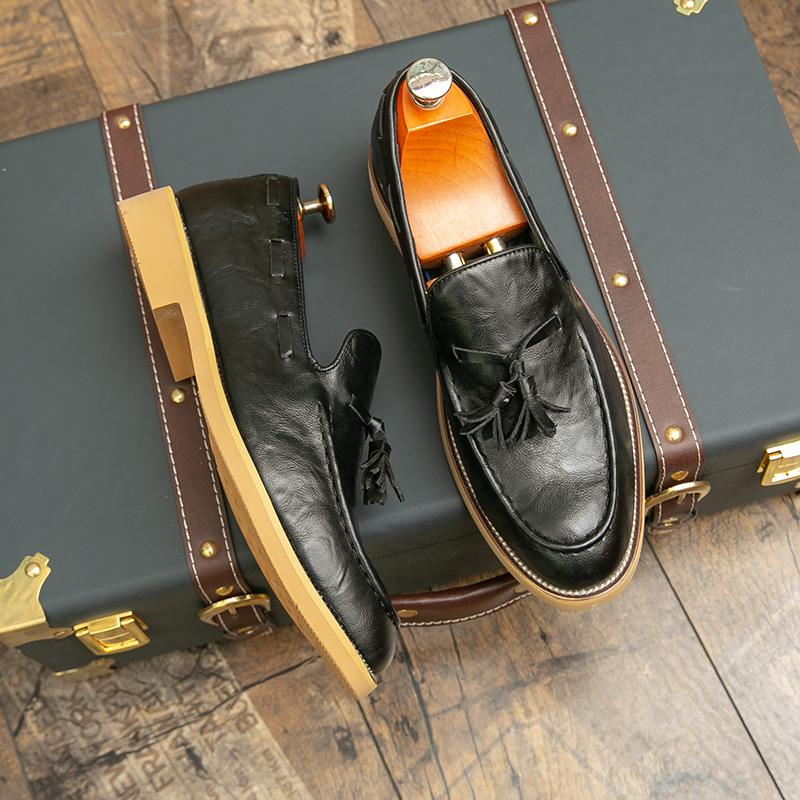 Fashion Original Classic Men's Black Leather Shoes Handmade Tassel Wedding Loafers for Men Comfortable Soft Sole Casual Flat Shoes 38-47