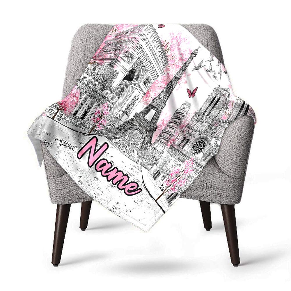 Parisian Romance Customized Name Blanket Comfortable Soft Lightweight Multipurpose Blanket For Picnics Sofas Offices Beds Living Rooms Perfect Gift