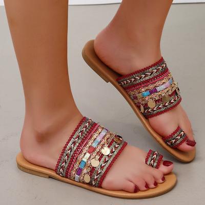 Hausschuhe Damen Sandalen Sommer Griechischer Stil Boho Folk-Custom Damen Flache Schuhe Lässig Atmungsaktiv Bequem Strand Damen Hausschuhe