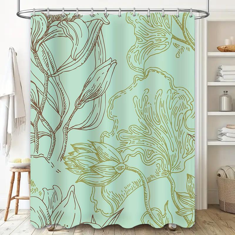 Modern Flower Shower Curtain, Waterproof Fabric Decorative Bathroom Curtains For Home Decoration Aqua Green With Gold Print