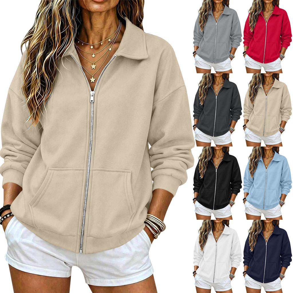 Women's Zip Up Drop Shoulder Long Sleeve Sweatshirt Top