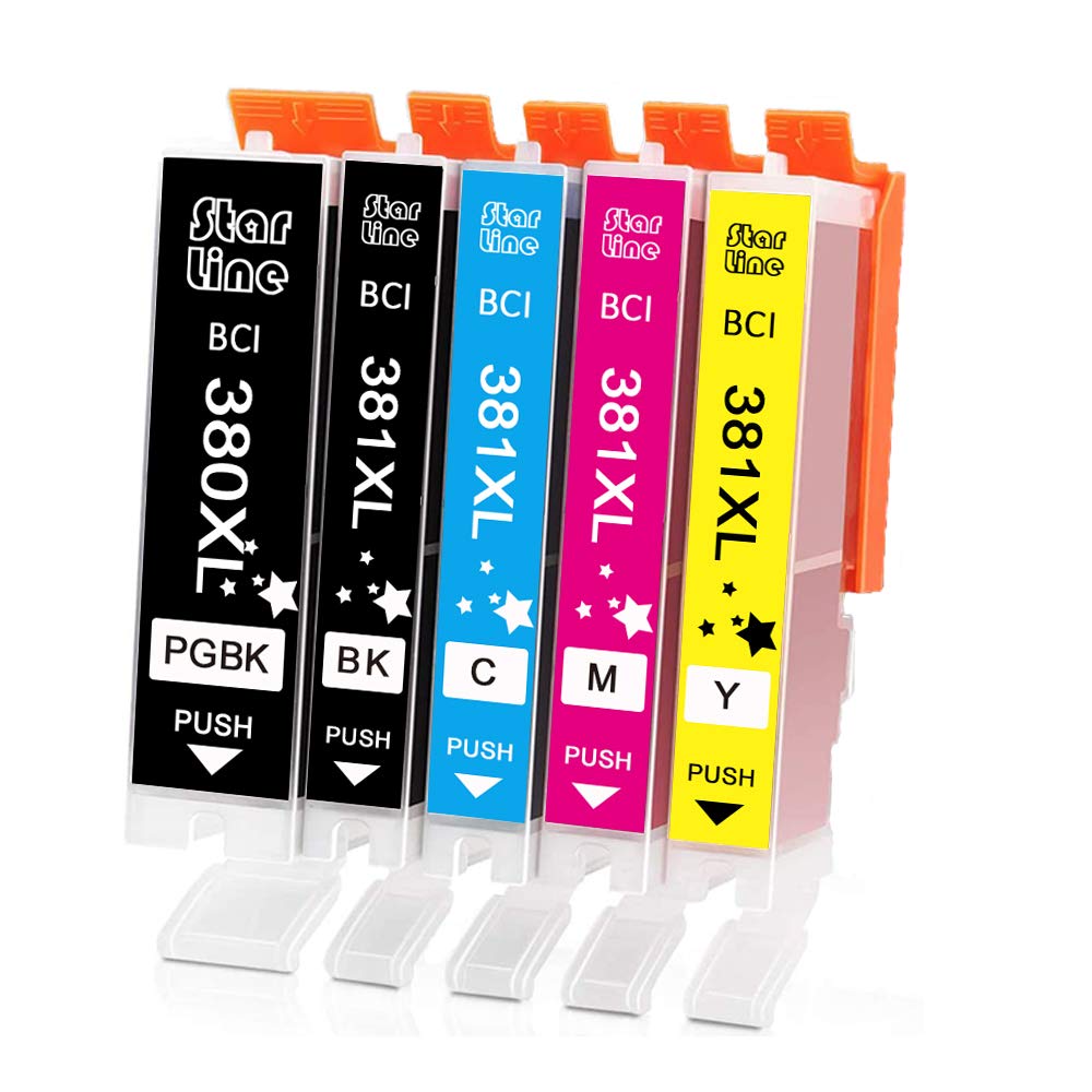 

Compatible Canon Ink 4CL Remaining Ink Cartridge Level Warranty with PIXUS BCI-381 Cartridges, BCI381, (PGBK/BK/C/M/Y), 4-Color, 5-Pack, Extra-High