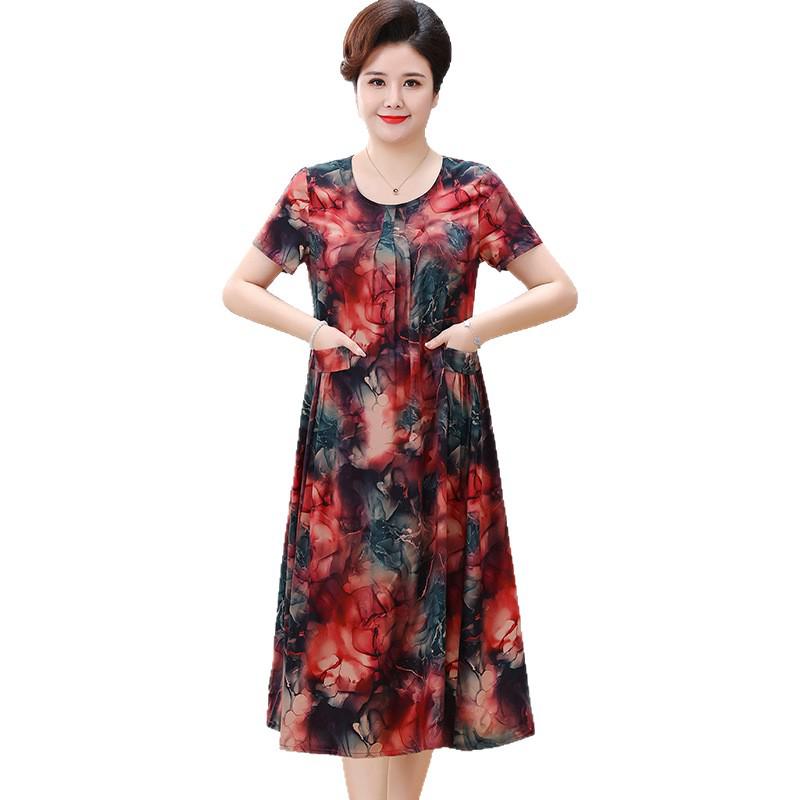 Women's Floral Cotton & Rayon Summer Dress - Plus Size, Belly-Covering, Loose Fit for Middle-Aged & Elderly