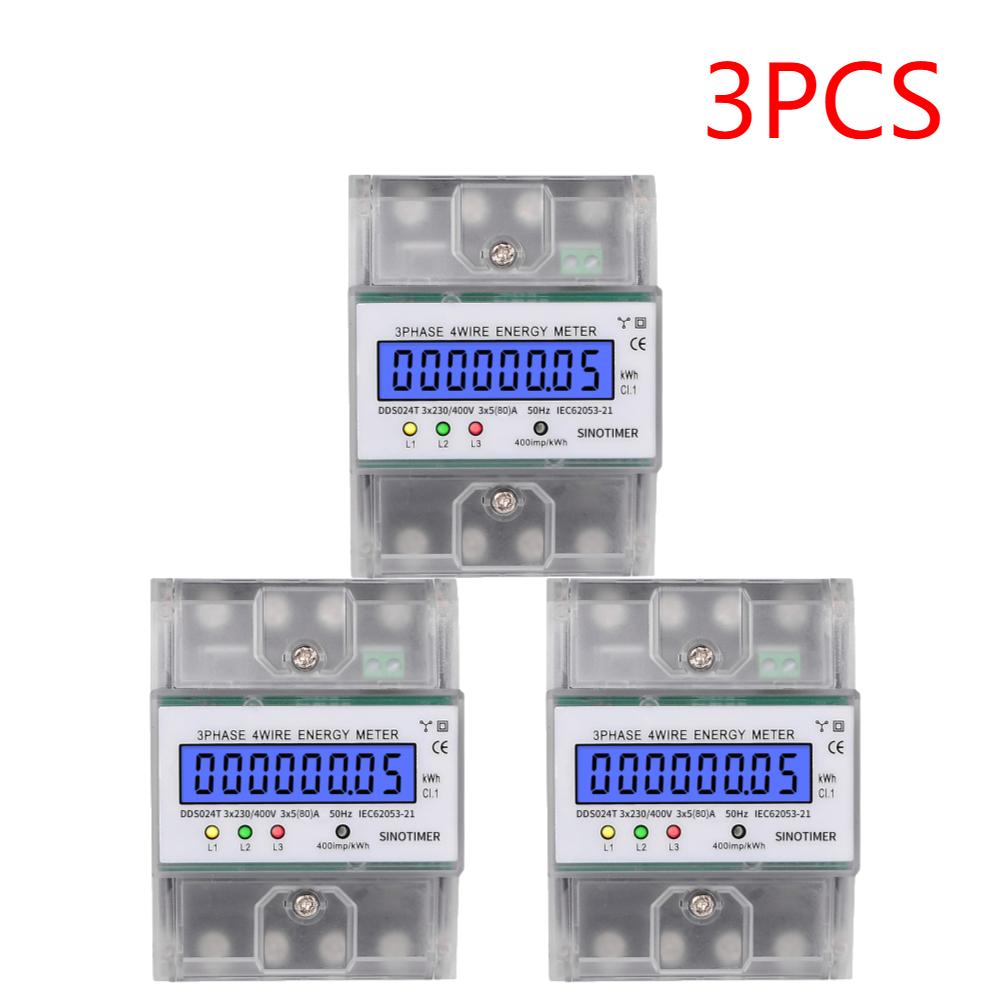 1-3pcs Din Rail 3 Phase 4 Wire Electronic Watt Power Consumption Energy Meter Wattmeter kWh 5-80A 400V LCD Backlight Display